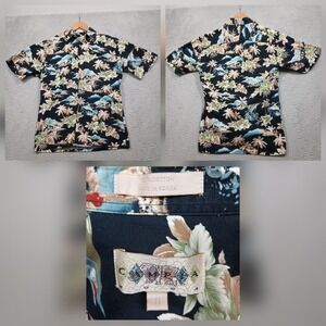 CMPA Hawaiian Shirt Mens L Black Tropical Palm Tree Made in Korea Vintage